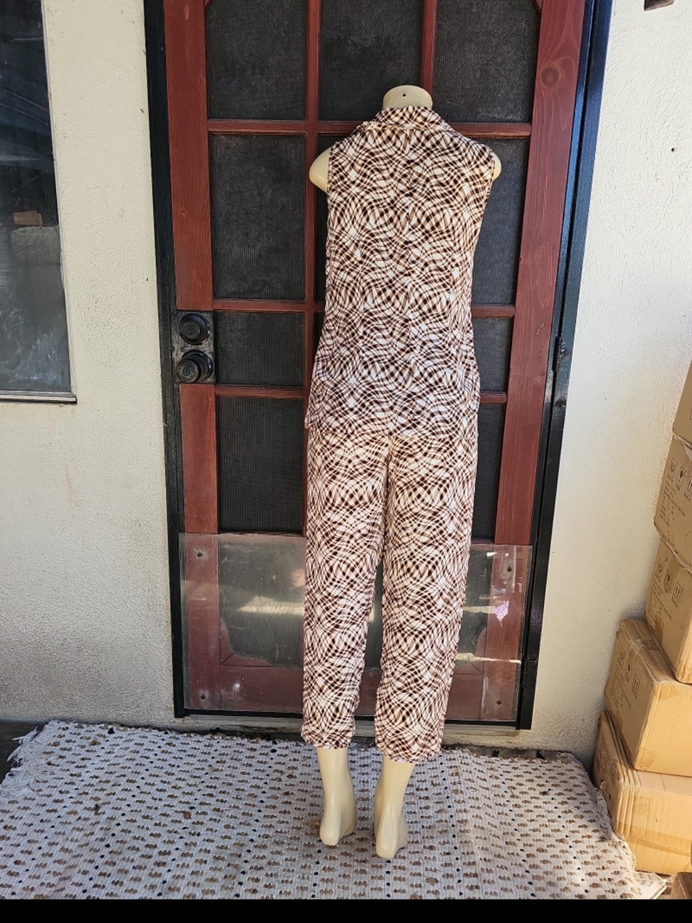 S.L. Fashions Brown Printed Sleeveless Jumpsuit - Picture 3 of 5
